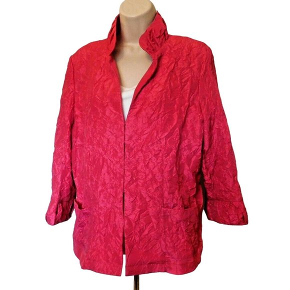 Chico's 2 Jacket 12 L Pink Fuchsia Crinkled Fabric 3/4 Sleeve Polyester Nylon - Picture 2 of 8